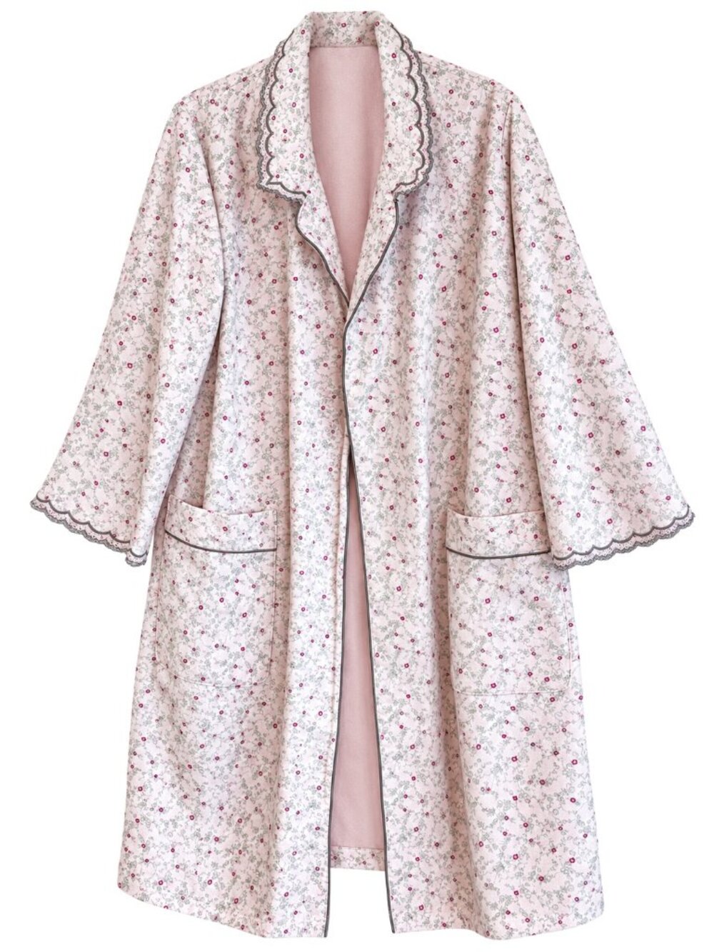 Vintage Aria Medium Floral Cotton Flannel Robe Lace Trim No Belt